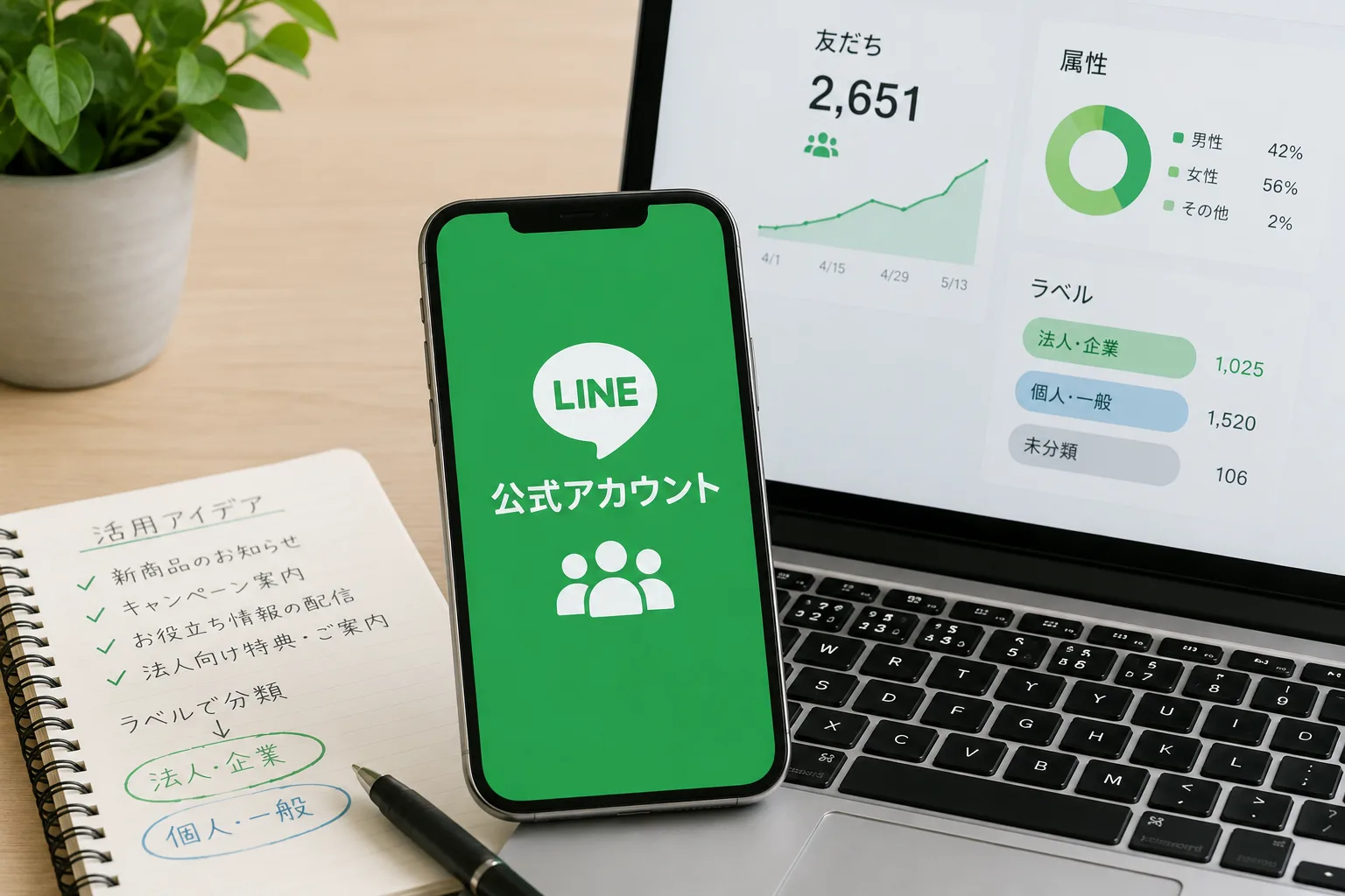 LINE公式アカウントの登録者を法人と個人に分けて活用するイメージ