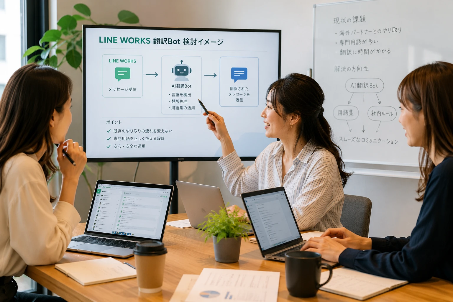 LINE WORKSのトークルームでAI翻訳Botが海外パートナーとのやり取りを支えるイメージ