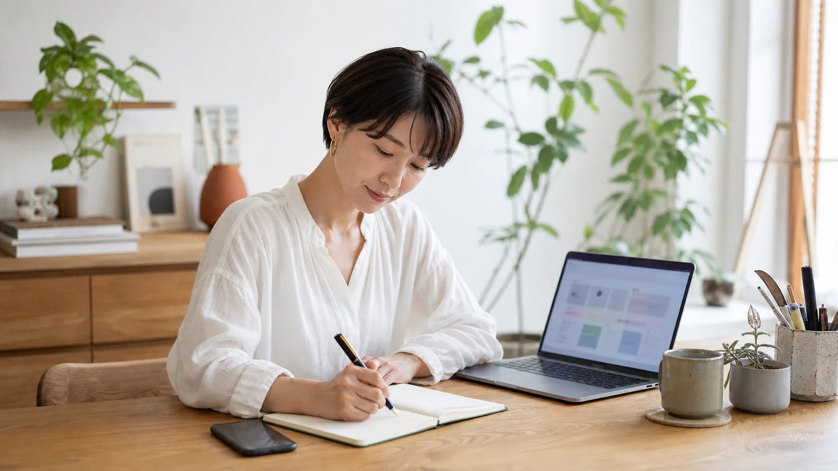 明るい仕事場でノートに考えを書き出す女性とノートパソコン