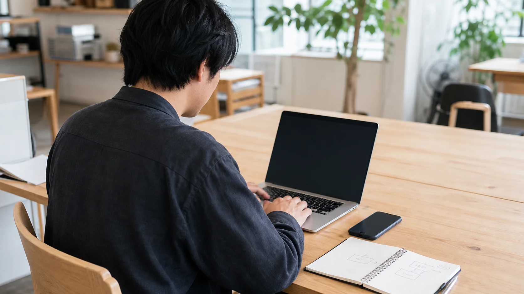 明るい仕事場でノートパソコンを開く人