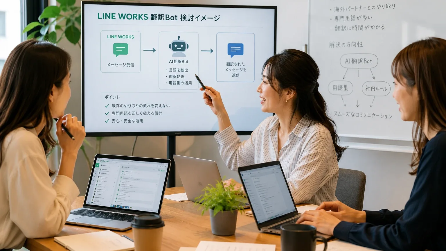 複数の担当者が画面とホワイトボードを使ってLINE WORKS翻訳Botの構成を検討している