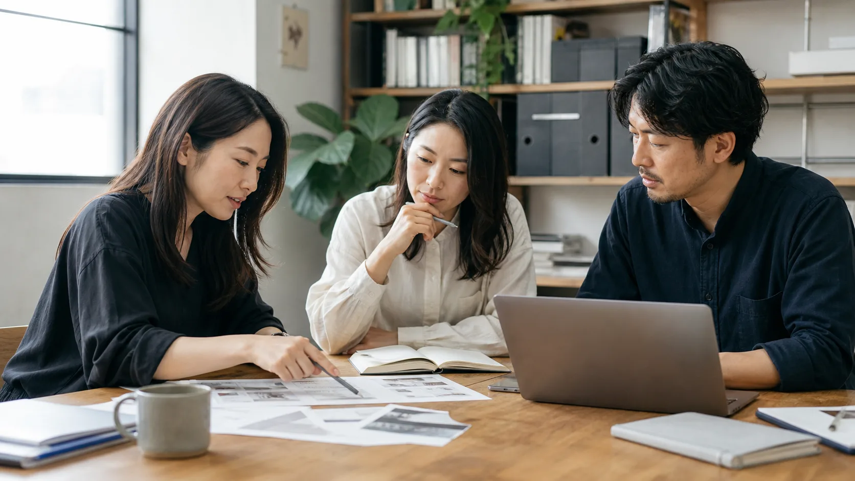 資料とノートパソコンを囲み仕事について話す三人の実務者