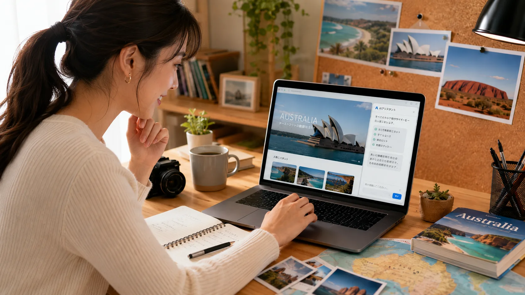 オーストラリア旅行の写真を見ながらAIで旅行サイトを作っている女性