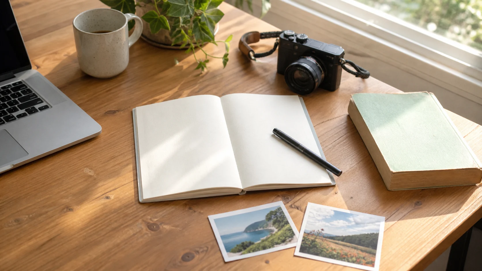 ノートとカメラ、旅行写真を置いた明るい作業机