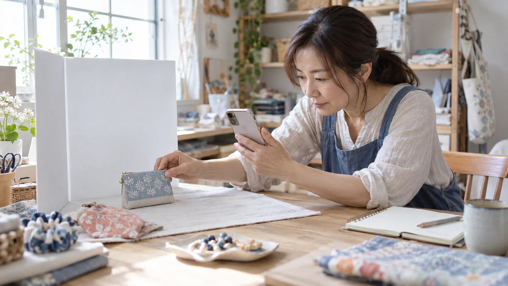 自宅で手作りのポーチをスマートフォンで撮影する人