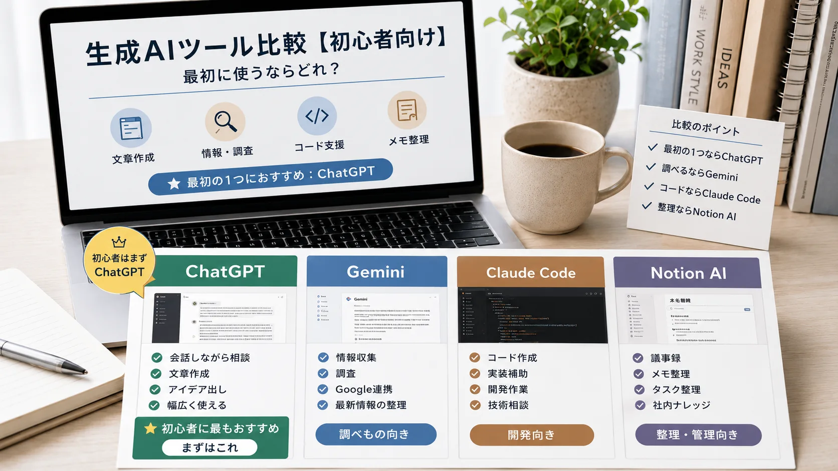 初心者が生成AIツールを比較して選ぶイメージ