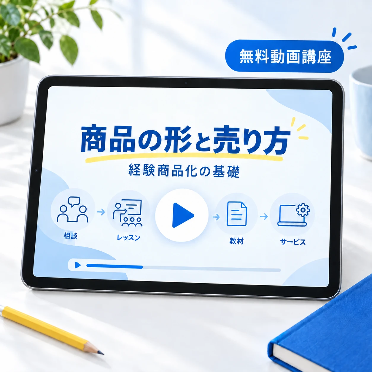 再生マークのあるタブレットと「無料動画講座」の表示。商品の形と売り方を学ぶ講座のイメージ。