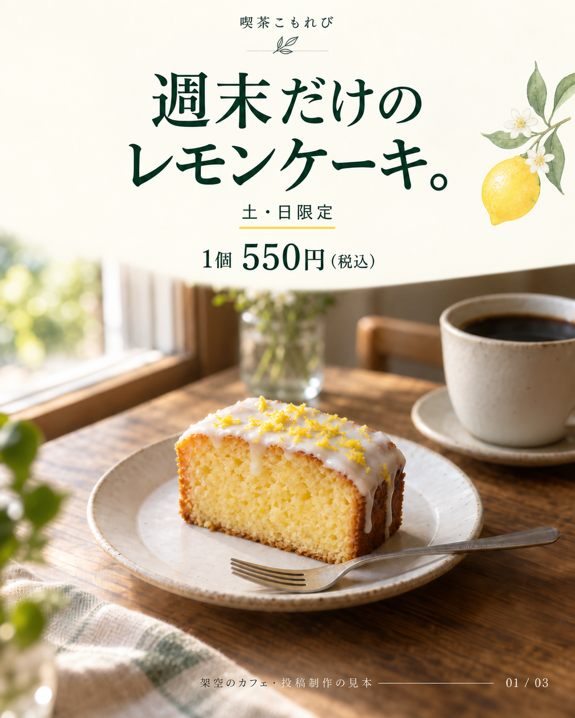 制作見本1枚目。喫茶こもれび、週末だけのレモンケーキ。土・日限定、1個550円税込。ケーキとコーヒーの写真。