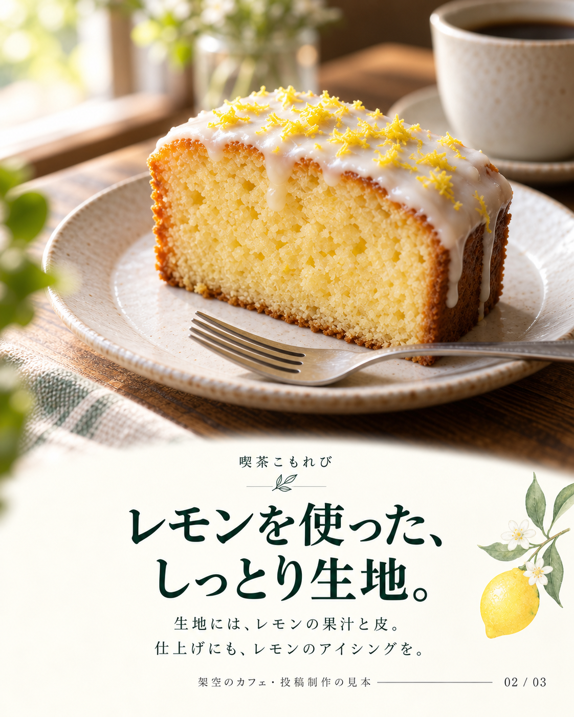 制作見本2枚目。レモンを使った、しっとり生地。生地にはレモンの果汁と皮、仕上げにもレモンのアイシング。ケーキの断面の写真。