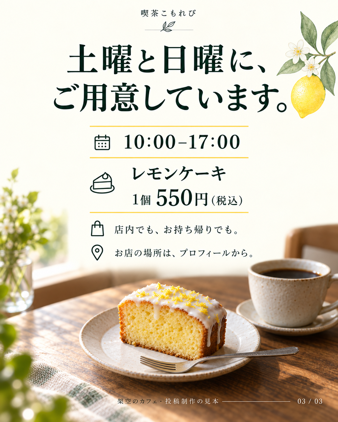 制作見本3枚目。土曜と日曜、10時から17時。レモンケーキ1個550円税込。店内でも持ち帰りでも。お店の場所はプロフィールから。