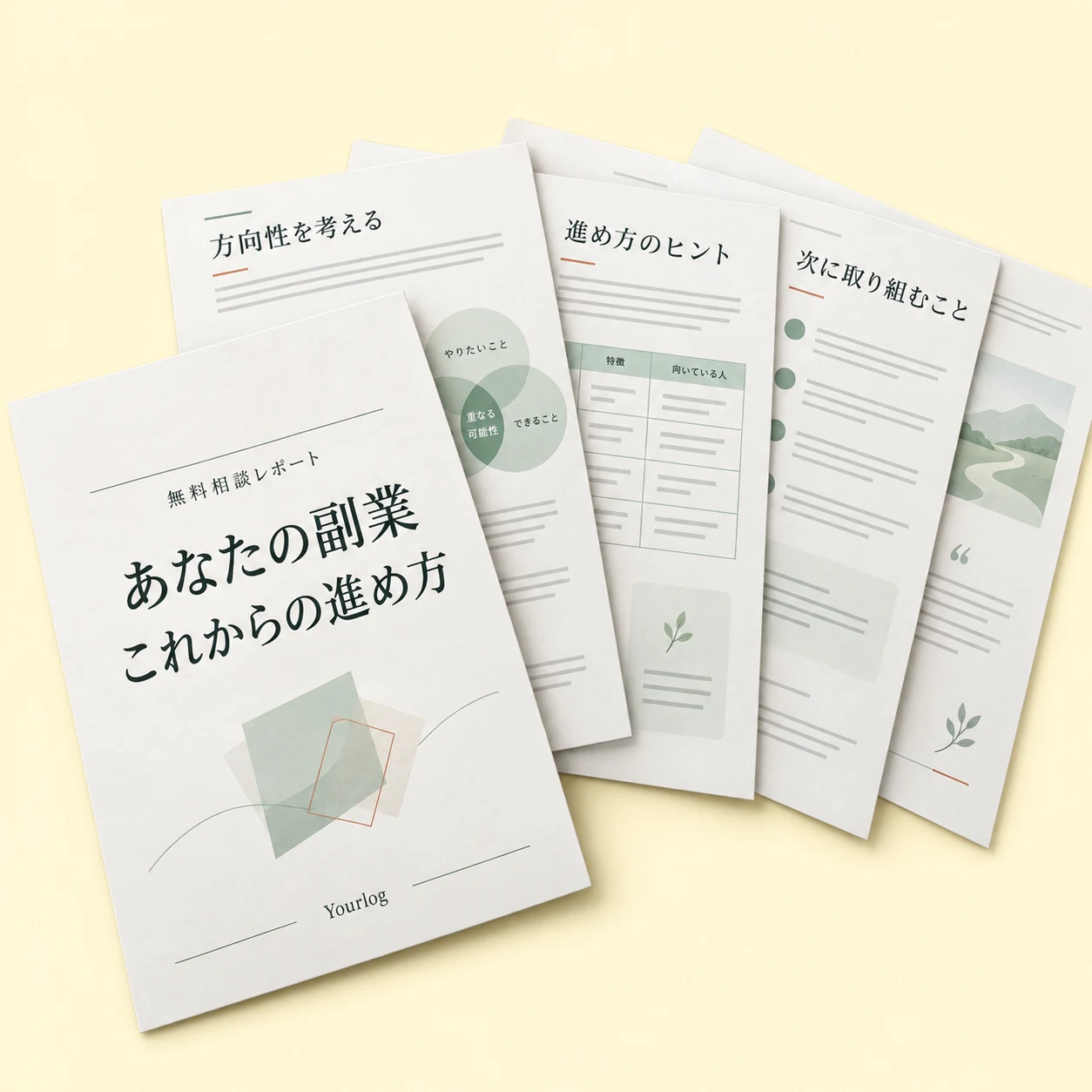 「あなたの副業 これからの進め方」の表紙と、方向性や進め方をまとめたPDFレポートが重なるイメージ