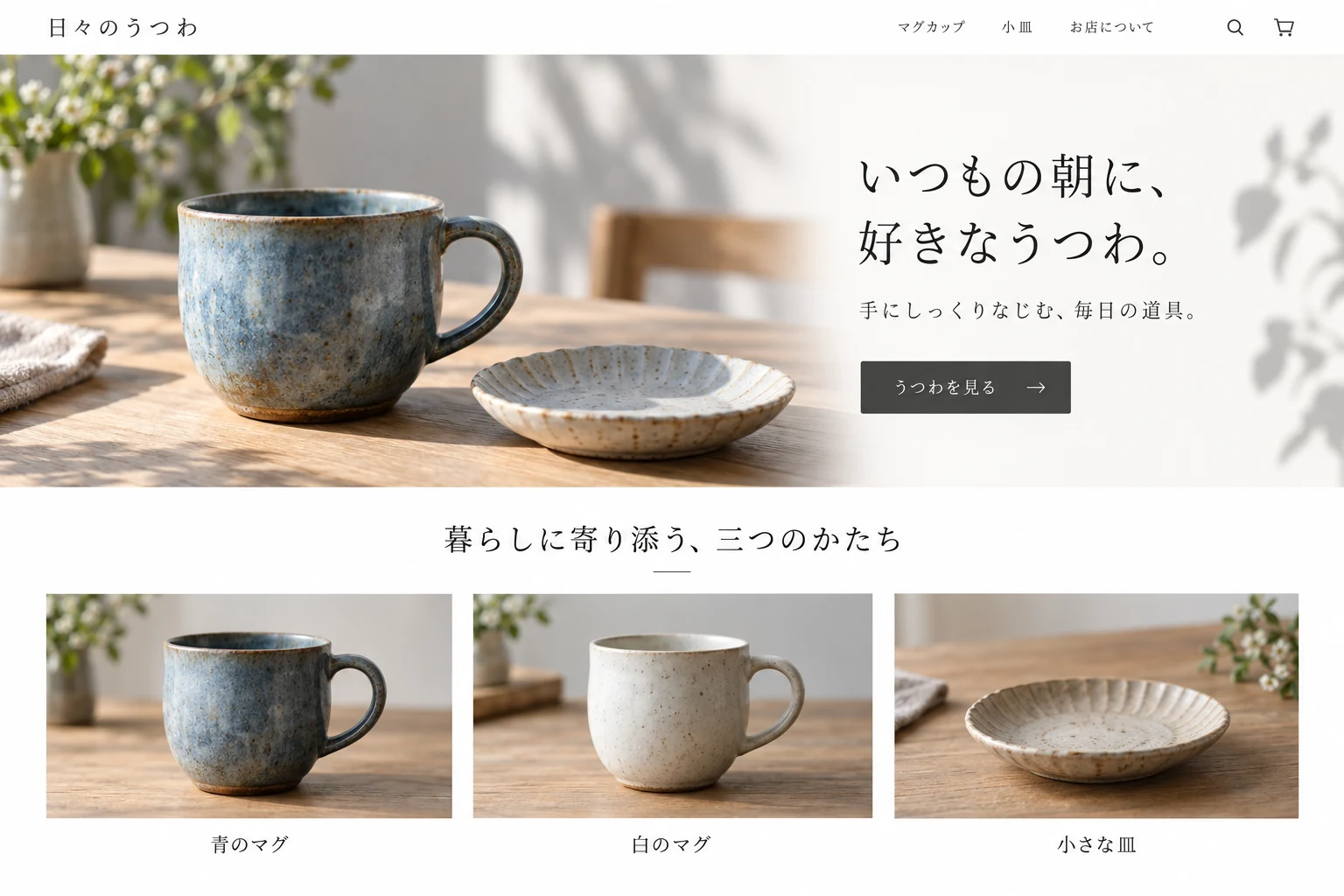 マグカップや小皿を写真で紹介する、陶器のネットショップの例