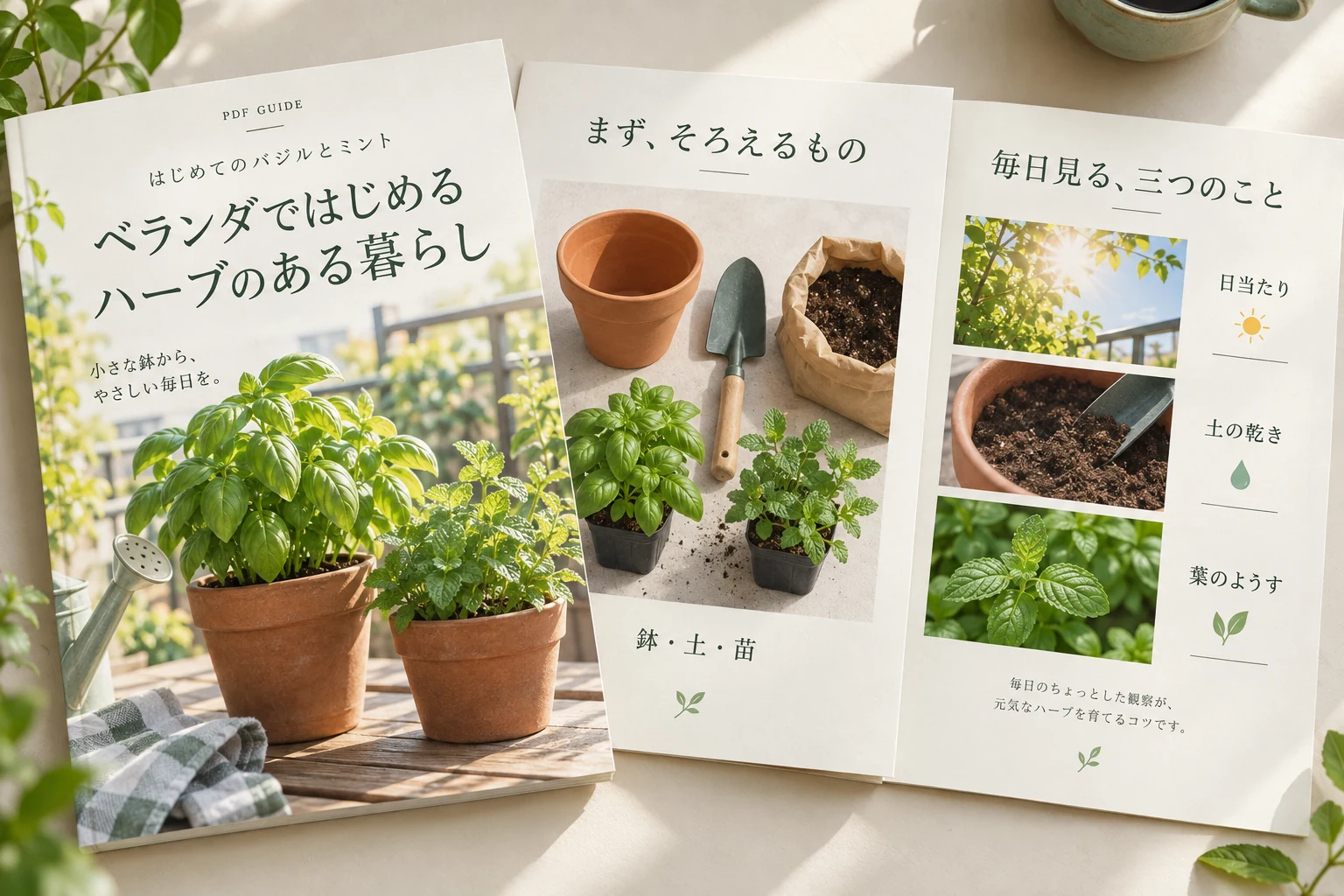 ベランダでハーブを育てるコツをまとめたPDFガイドの表紙と本文の例